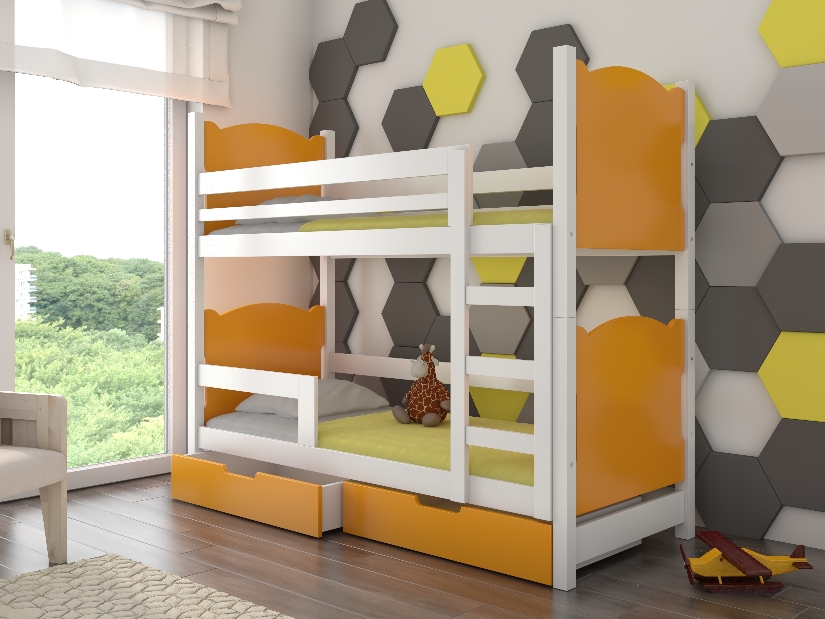 Poschodová detská posteľ 180x75 cm Marryann (s roštom a matracom) (biela + oranžová)