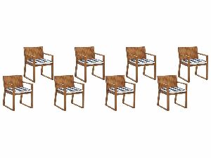 Set 8 ks. záhradných stoličiek SASAN (svetlohnedá) (s modrými pruhovanými podsedákmi)