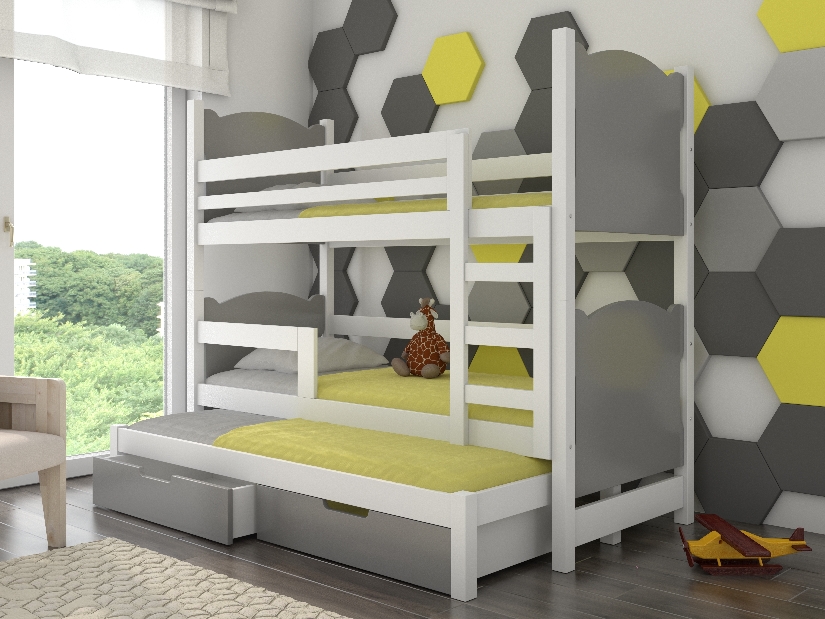 Poschodová detská posteľ 180x75 cm Lukrécia (s roštom a matracom) (biela + sivá)