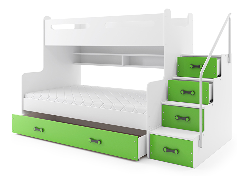 Poschodová posteľ 120 x 200 cm Moxxo 3 (biela + zelená) (s roštami, matracmi a úl. priestorom)