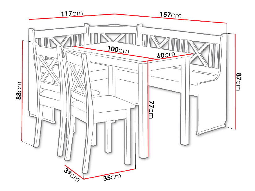 Kuchynský kút + stôl so stoličkami Sandonia 1 (biely) (amor velvet 4322)
