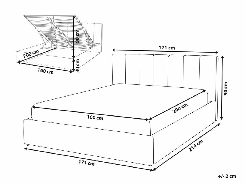 Manželská posteľ 160 cm DARGAN (sivá) (textil) (s roštom a úl. priestorom)