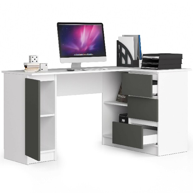 Rohový PC stolík Bevin (biela + sivá) (P)