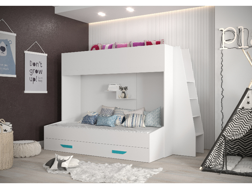 Detská kombinovaná posteľ 90 cm Puro 17 (matná biela + biely lesk + tyrkysové úchytky)