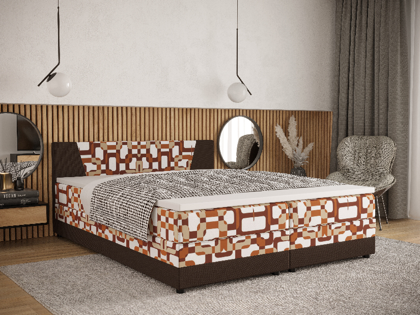 Manželská posteľ Boxspring 180 cm Linda (vzor + tmavohnedá) (s matracom a úložným priestorom)