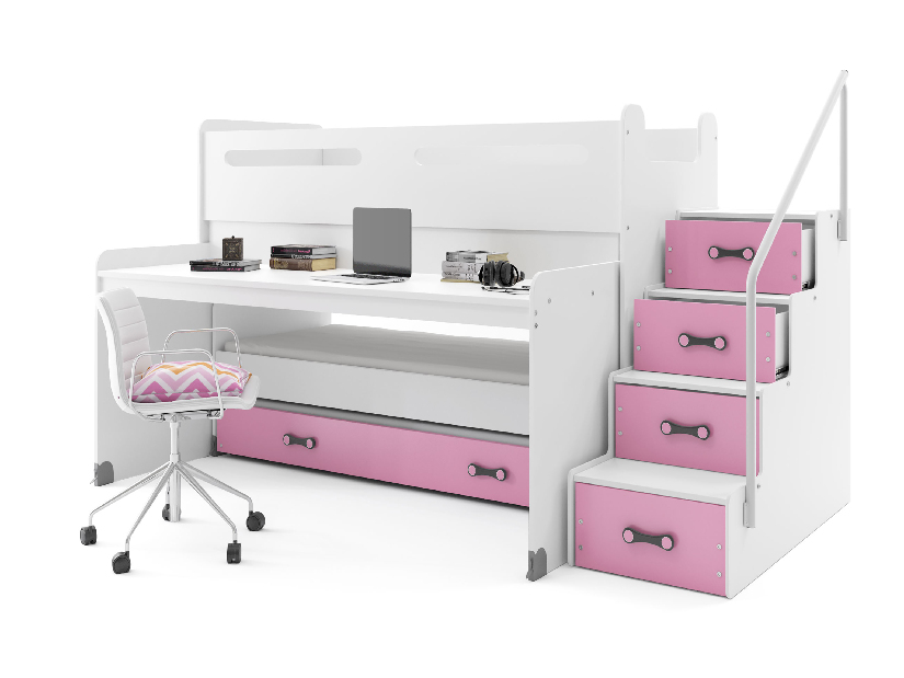 Poschodová posteľ 80 x 200 cm Moxxo 1 (biela + ružová) (s roštami, matracmi a úl. priestorom)