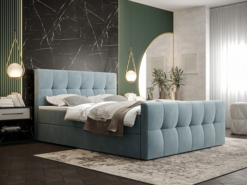 Manželská posteľ Boxspring 180 cm Macheta Comfort (sivomodrá) (s matracom a úložným priestorom)