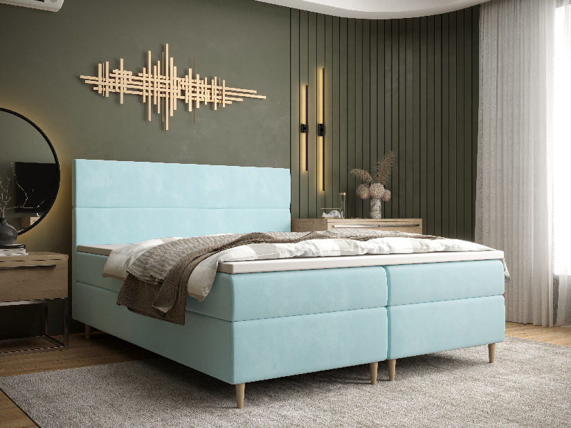Manželská posteľ Boxspring 160 cm Flu Comfort (svetlomodrá) (s matracom a úložným priestorom)
