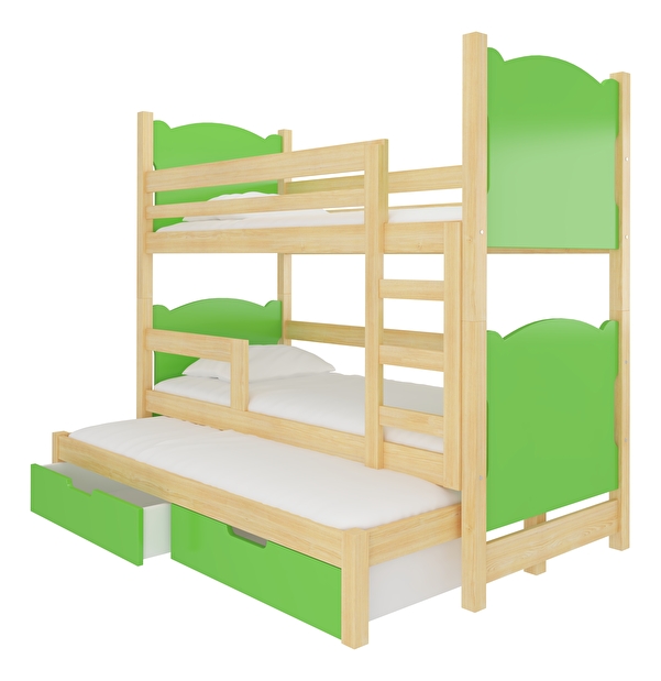 Poschodová detská posteľ 180x75 cm Lukrécia (s roštom a matracom) (borovica + zelená)