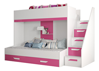 Detská kombinovaná posteľ 90 cm Puro 16 (matná biela + biely lesk + ružový lesk)