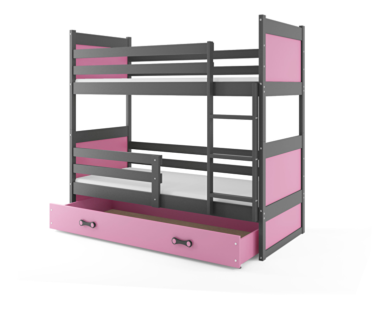 Poschodová posteľ 80 x 160 cm Ronnie B (grafit + ružová) (s roštami, matracmi a úl. priestorom)