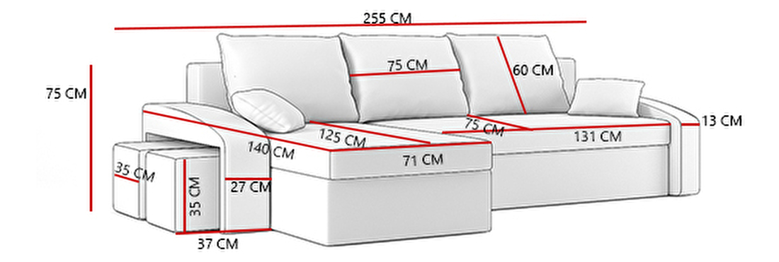 Rohová sedačka Hasina (sivá + biela) (s poličkou a taburetkou) (P)