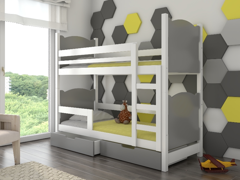 Poschodová detská posteľ 180x75 cm Marryann (s roštom a matracom) (biela + sivá)