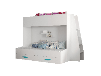 Detská kombinovaná posteľ 90 cm Puro 17 (matná biela + biely lesk + tyrkysové úchytky)