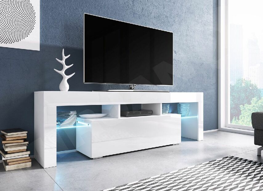 TV stolík/skrinka Gordo 138 (biely + biely lesk) (s LED osvetlením) *výpredaj