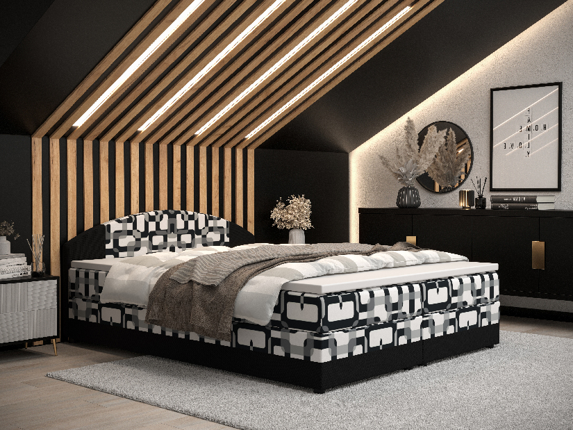 Manželská posteľ Boxspring 140 cm Orlando (vzor + tmavohnedá) (s matracom a úložným priestorom)
