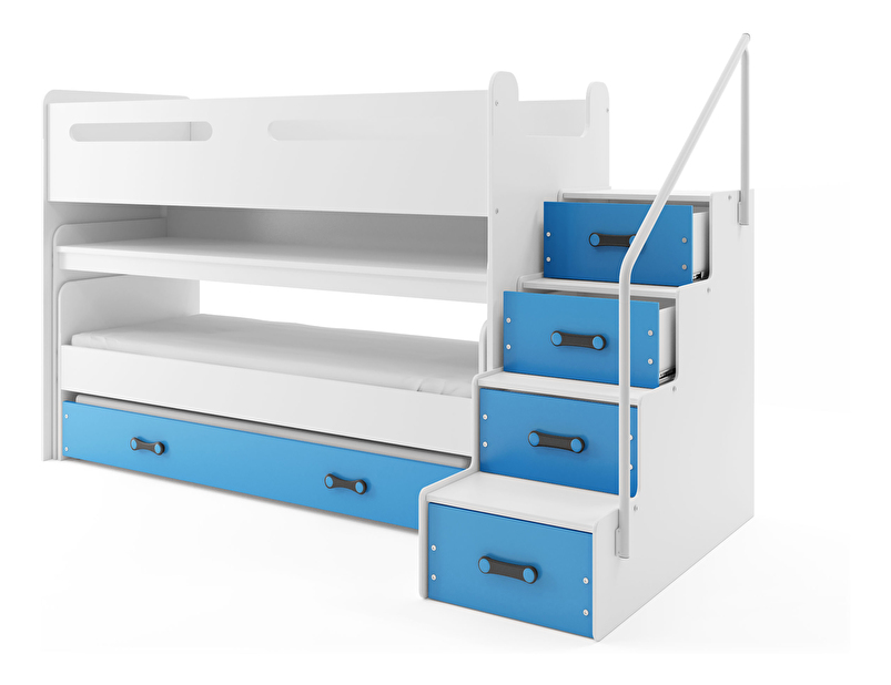Poschodová posteľ 80 x 200 cm Moxxo 1 (biela + modrá) (s roštami, matracmi a úl. priestorom)
