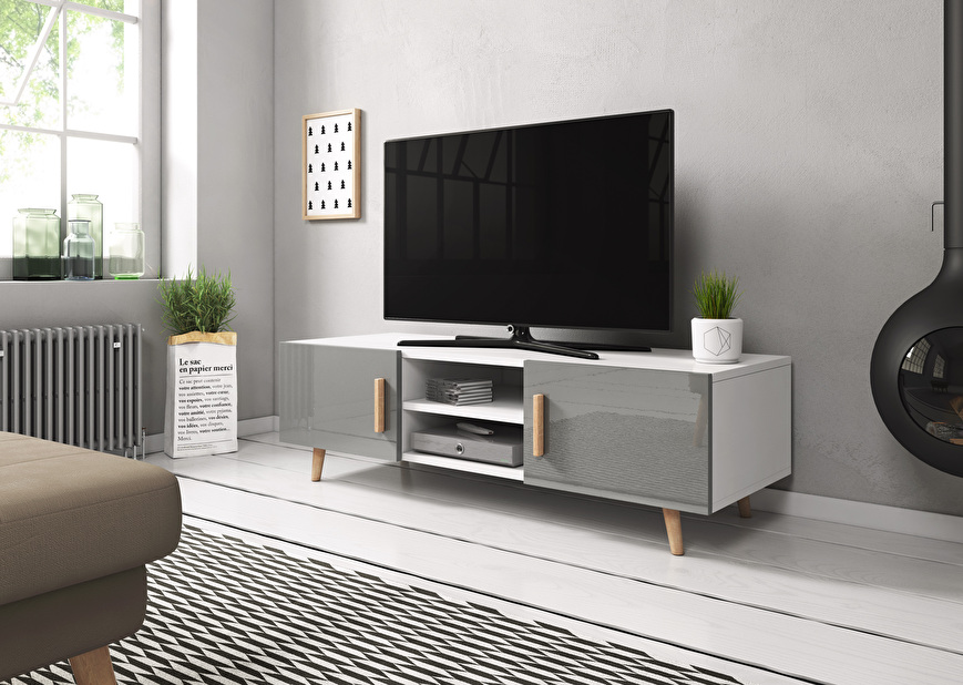 TV stolík/skrinka Sweden 2 (sivý lesk + biela matná) *výpredaj