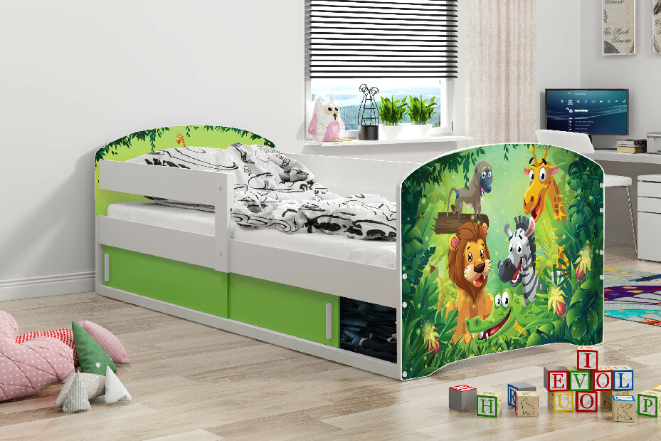 Detská posteľ 80 x 160 cm Lukan (biela + vzor jungle) (s roštom, matracom a úl. priestorom)