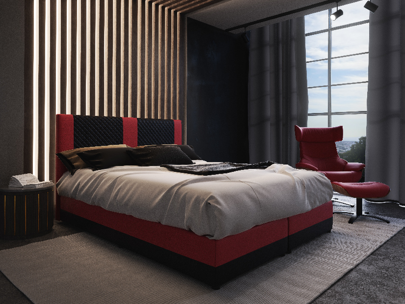 Kontinentálna posteľ 140 cm Pecos Comfort (ekokoža + čierna + červená) (s matracom a úložným priestorom)
