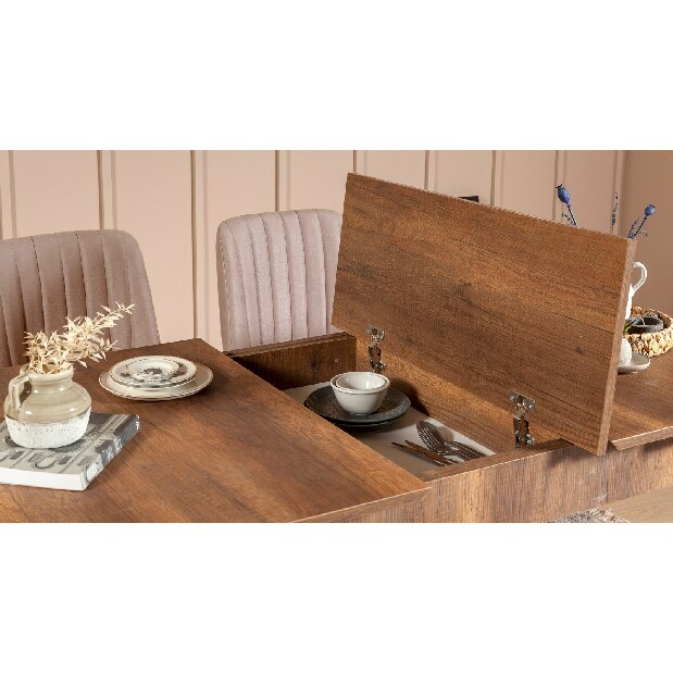 Rozkladací jedálenský stôl s 2 stoličkami a lavicou Vlasta (orech + sivá)