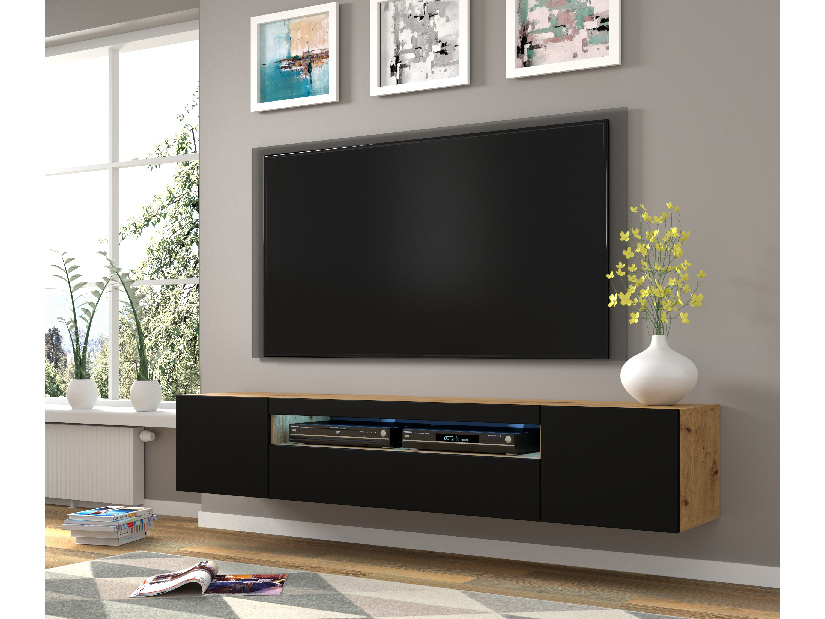 TV stolík/skrinka Aurinko 200 (dub artisan + matná čierna) (s osvetlením)