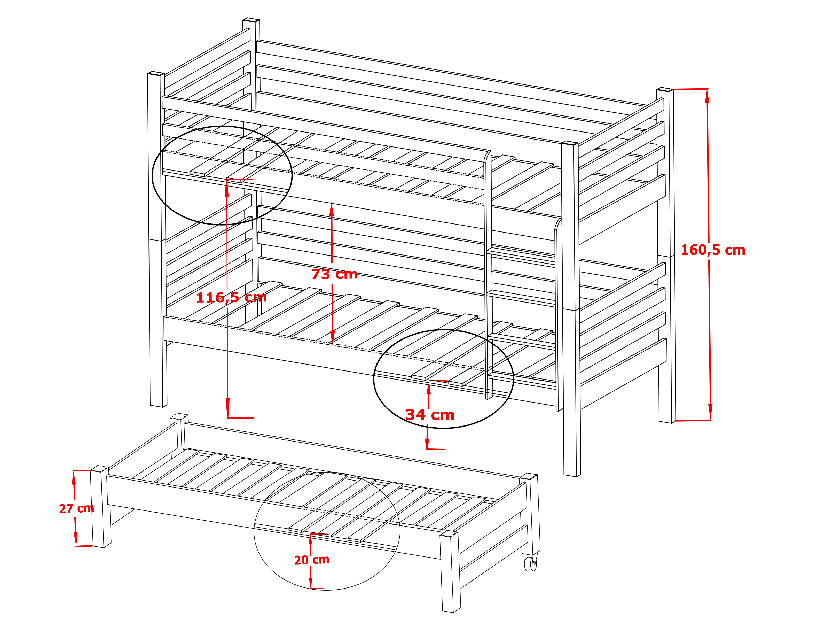 Detská posteľ 80 x 180 cm TORI (s roštom a úl. priestorom) (buk)