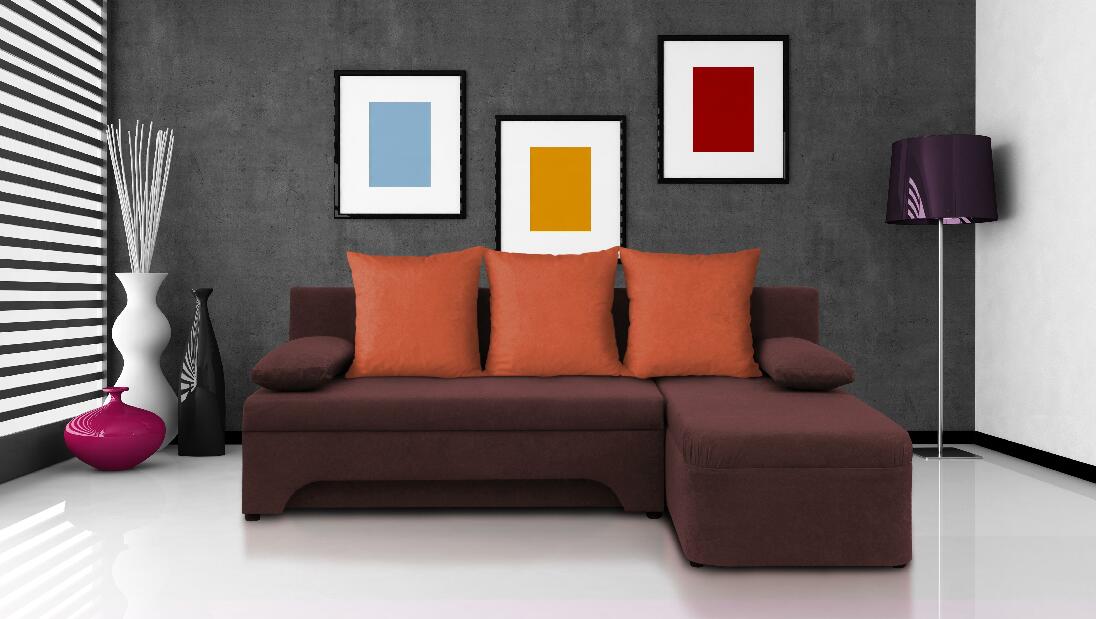 Rohová sedačka Saline hnedá + oranžové vankúše (1 úložný priestor, pena) *bazár