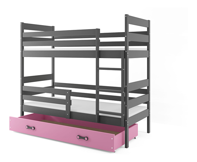 Poschodová posteľ 80 x 190 cm Eril B (grafit + ružová) (s roštami, matracmi a úl. priestorom)