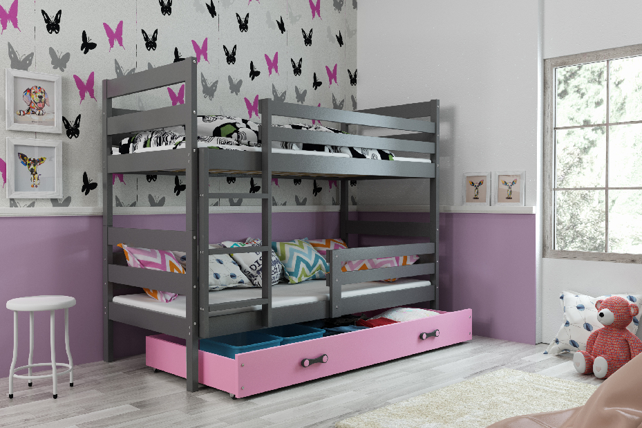 Poschodová posteľ 80 x 190 cm Eril B (grafit + ružová) (s roštami, matracmi a úl. priestorom)