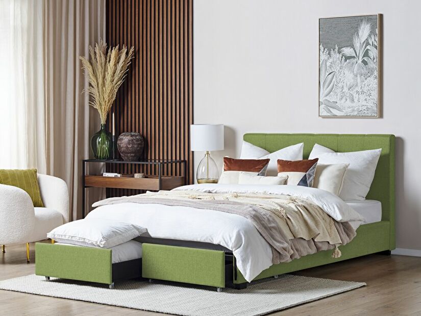 Manželská posteľ 160 cm Rhiannon (zelená) (s roštom a úložným priestorom)