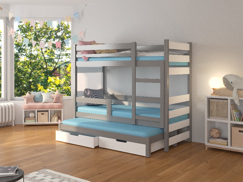 Poschodová detská posteľ 180x75 cm Karin (s roštom a matracom) (sivá + biela)
