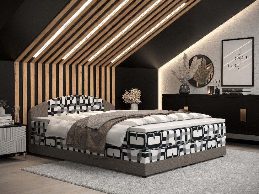 Manželská posteľ Boxspring 160 cm Orlando Comfort (vzor + svetlohnedá) (s matracom a úložným priestorom)