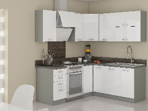 Rohová kuchyňa Brunea 130 + 170 cm (sivá + lesk biely)