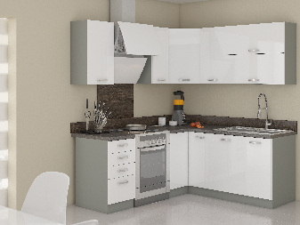 Rohová kuchyňa Brunea 130 + 170 cm (sivá + lesk biely)