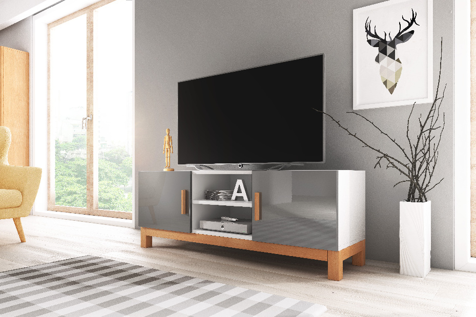TV stolík/skrinka Norge (sivý lesk + biela matná)