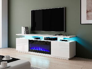 TV skrinka/stolík s krbom Aurora (Biela + Biely lesk)