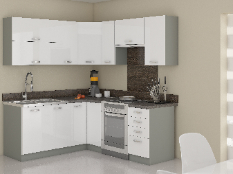 Rohová kuchyňa Brunea 170 + 130 cm (sivá + lesk biely)