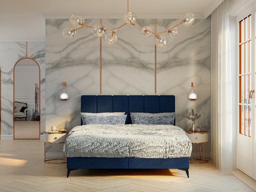 Kontinentálna posteľ 180 cm Axel (tmavomodrá) (s matracom a úl. priestorom)