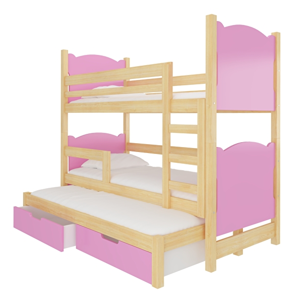 Poschodová detská posteľ 180x75 cm Lukrécia (s roštom a matracom) (borovica + ružová)