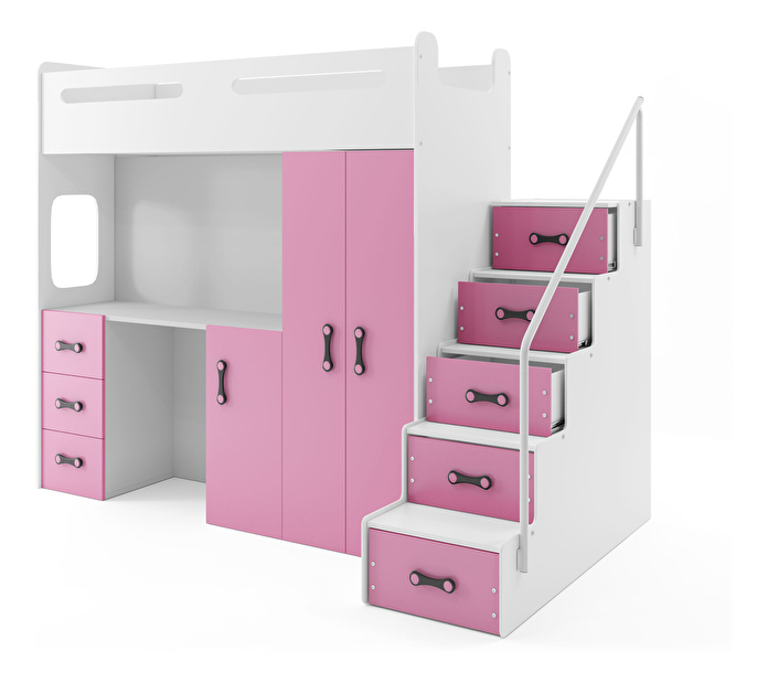 Poschodová posteľ 80 x 200 cm Moxxo 4 (biela + ružová) (s roštami, matracmi a úl. priestorom)