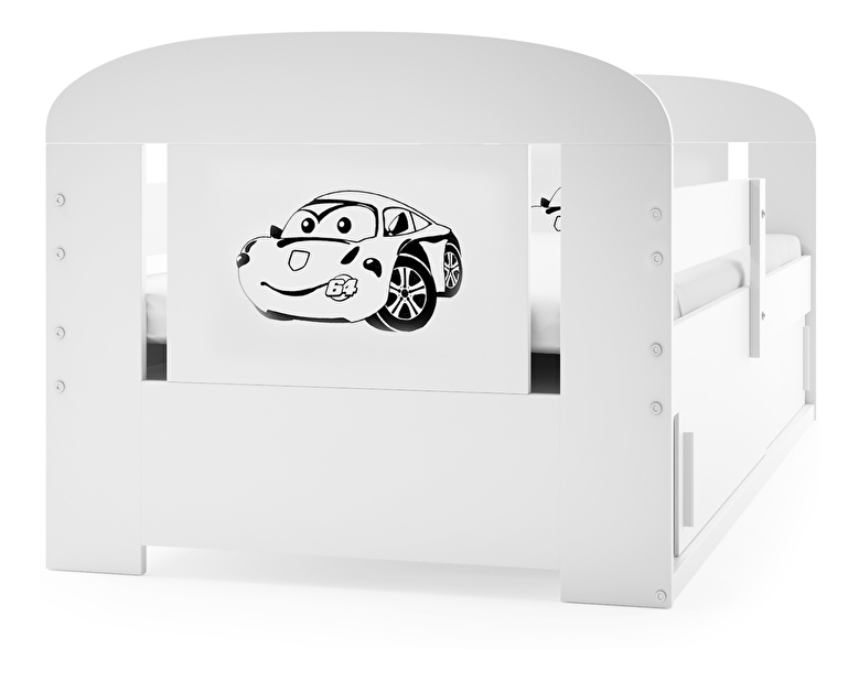 Detská posteľ 80 cm Fimmo (biela + auto) (s roštom, matracom a úl. priestorom)