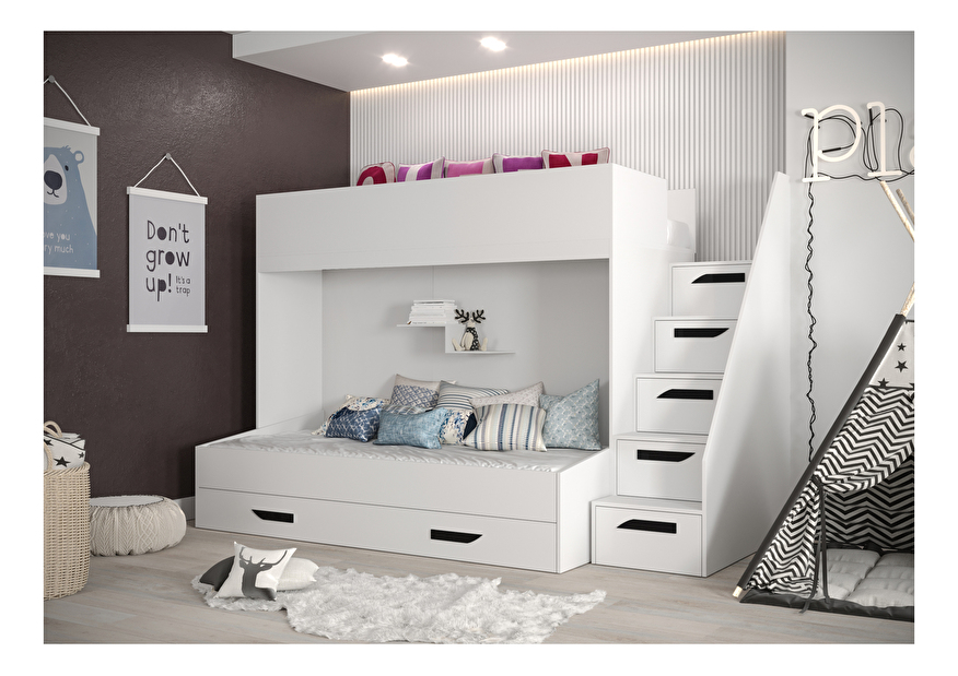 Detská kombinovaná posteľ 90 cm Puro 16 (matná biela + biely lesk + čierne úchytky)