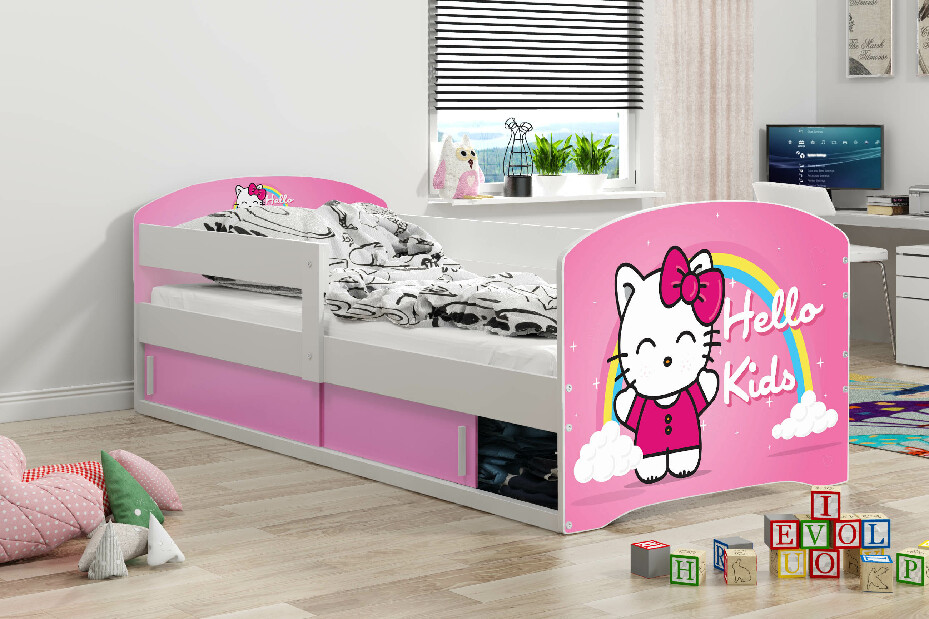 Detská posteľ 80 x 160 cm Lukan (biela + vzor hello kids) (s roštom, matracom a úl. priestorom)