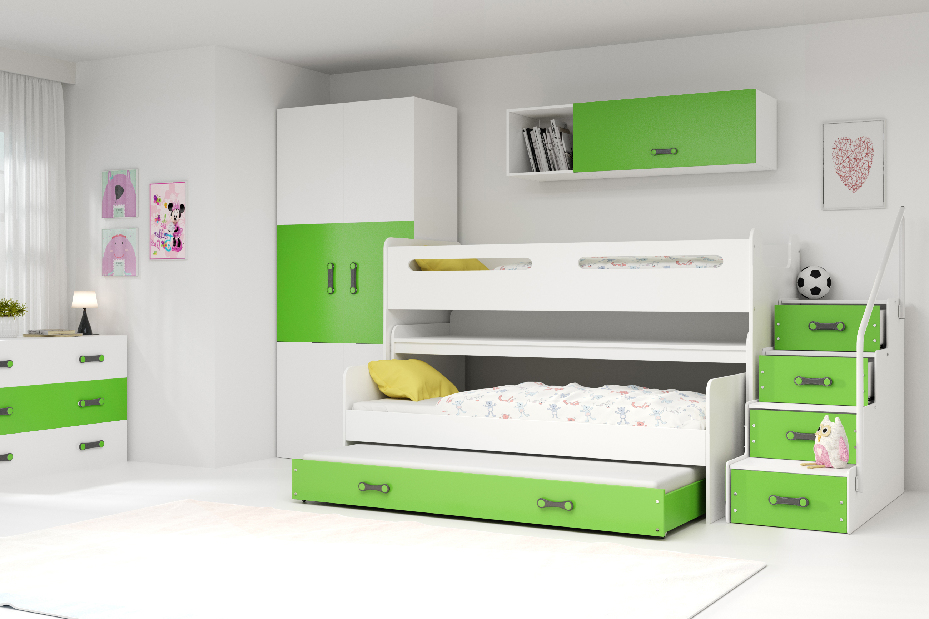 Poschodová posteľ 80 x 200 cm Moxxo 1 (biela + zelená) (s roštami, matracmi a úl. priestorom)