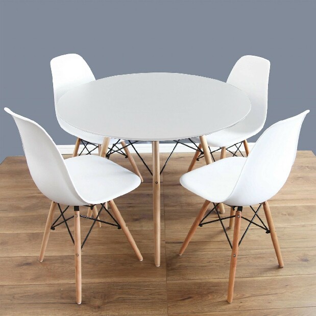 Okrúhly stôl + 4 x stolička Larry (biela + buk) *výpredaj