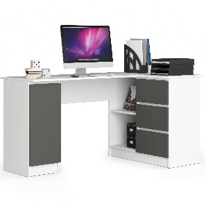 Rohový PC stolík Bevin (biela + sivá) (P)