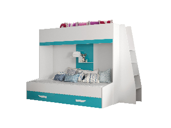 Detská kombinovaná posteľ 90 cm Puro 17 (matná biela + biely lesk + tyrkysový lesk)