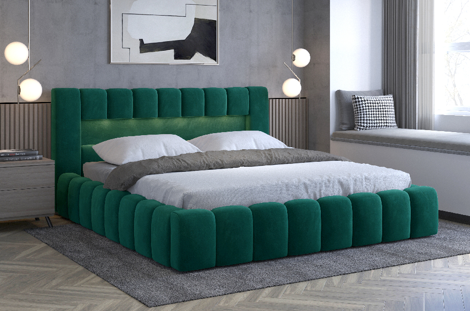 Manželská posteľ 180 cm Luxa (tmavozelená) (s roštom, úl. priestorom a LED)
