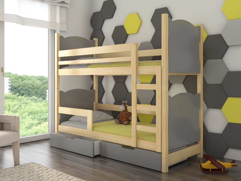 Poschodová detská posteľ 180x75 cm Marryann (s roštom a matracom) (borovica + sivá)
